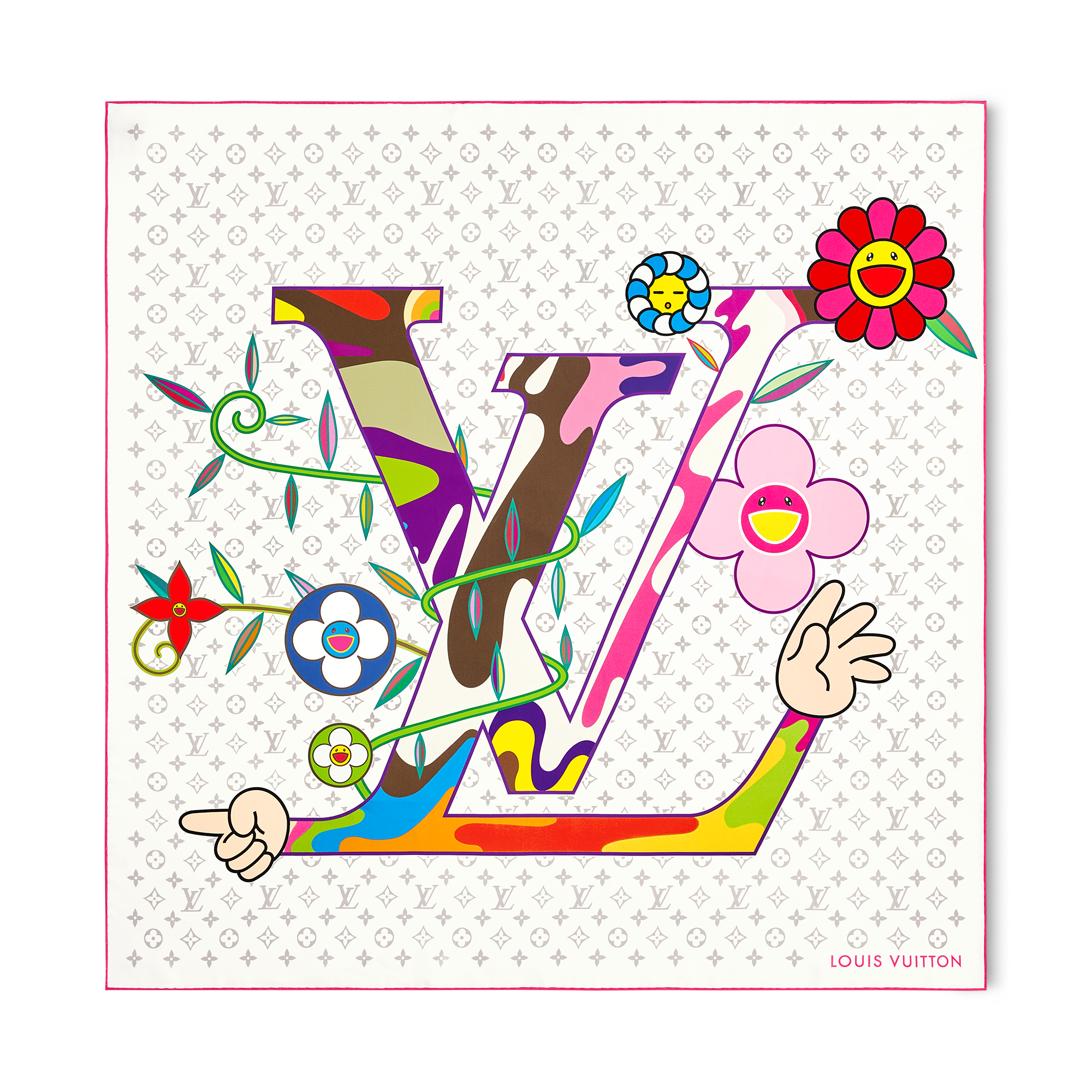 LV HAND SUPERFLAT& FLOWER FRIEZE 村上隆 R LV x TM Monogram Superflat Square 90 - Luxury S00 White | LOUIS